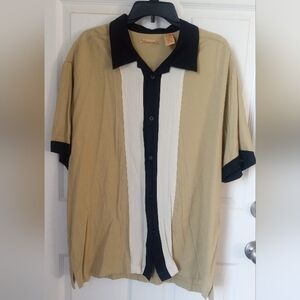 Elegant Men's Beige and Black Button-Down Shirt